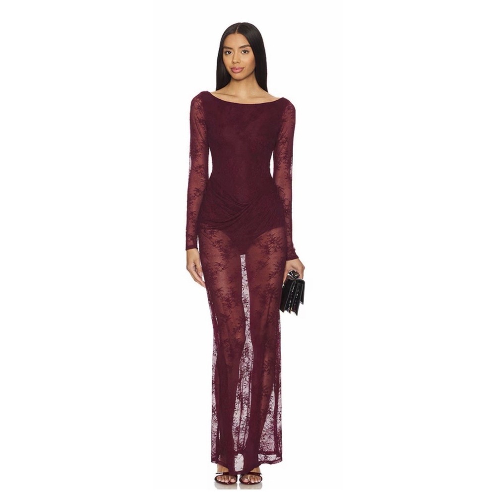 AFRM NWT Revolve XL Trina Sheer Lace Draped Waist Long Slv Bodysuit Maxi Dress
